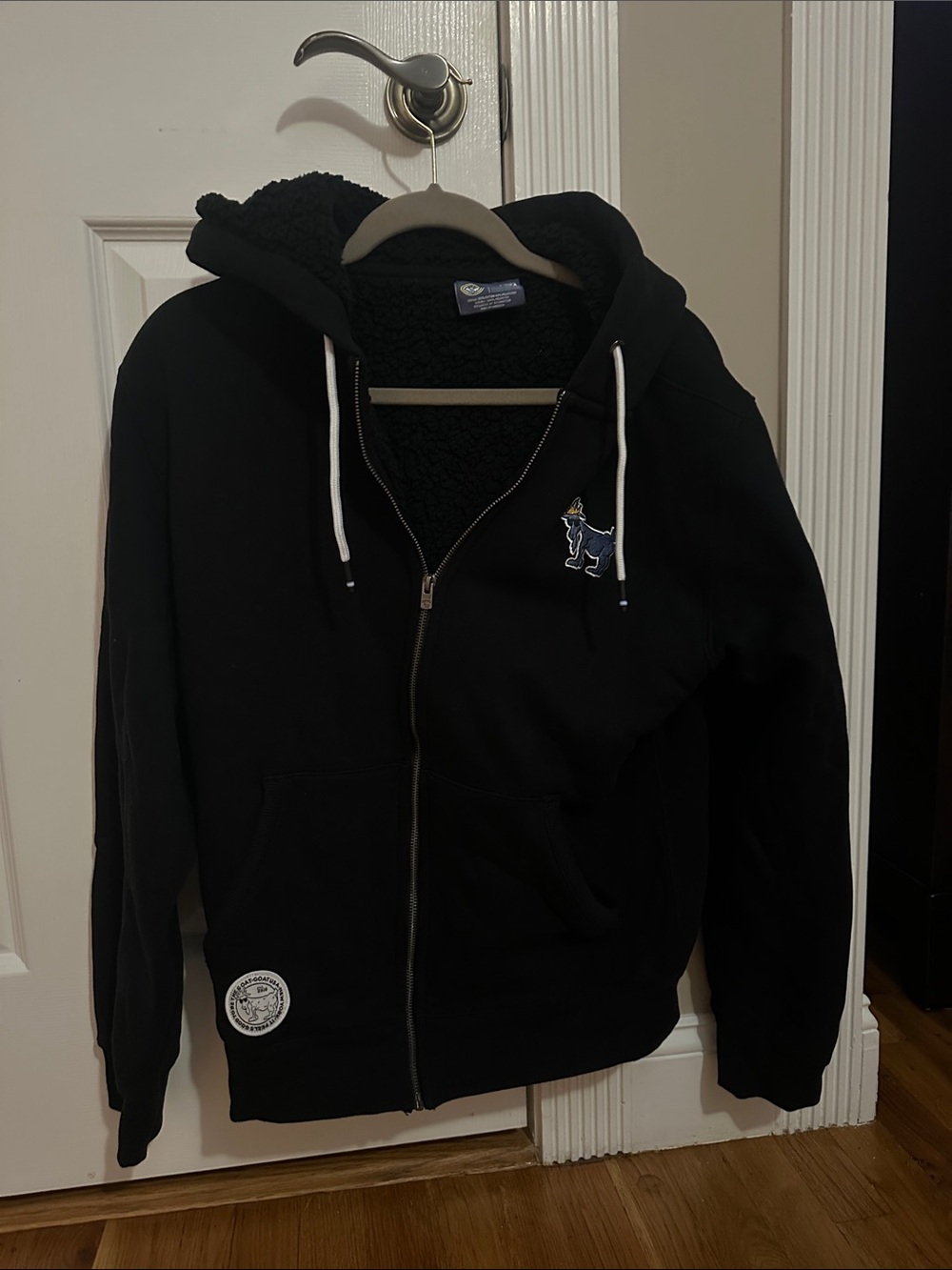 GOAT USA Black Sherpa-Lined Zip Hoodie Jacket with Embroidered Crest